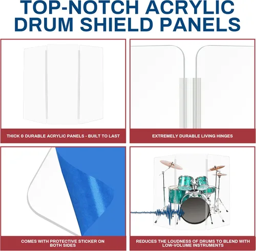 Vista 4 de PENNZONI Drum Shield de 5 pies con bisagras de plástico, viene con 3 paneles para tambor y bisagras de plástico, paneles de acrílico transparente