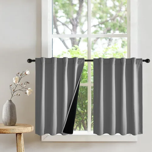 Vista 29 de PONY DANCE Cortinas opacas 100% cortas de 24 pulgadas de largo, medias cortinas con aislamiento térmico para ventanas pequeñas con parte trasera