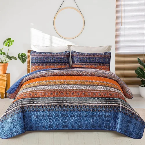 Vista 28 de WONGS BEDDING Juego de edredón bohemio tamaño individual, juego de ropa de cama azul bohemio individual, colcha de microfibra ligera con funda