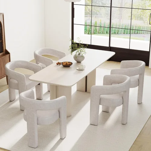 Vista 16 de RIVOVA Silla de comedor moderna de barril, silla lateral acolchada en lino con brazos cómoda para tocador, silla para comedor, sala de estar