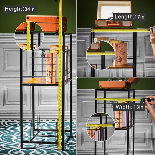 Vista 6 de Soporte para tocadiscos, soporte para tocadiscos con almacenamiento de discos de vinilo de 3 niveles, soporte para discos de hasta 200 álbumes, mesa