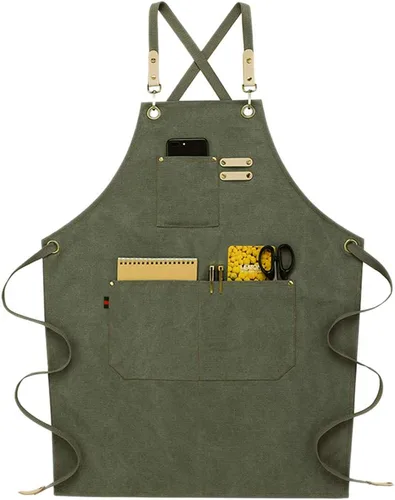 Vista 7 de NEWGEM Delantal de mezclilla de algodón con bolsillos para mujer, cocina, cocina, jardinería, pintura