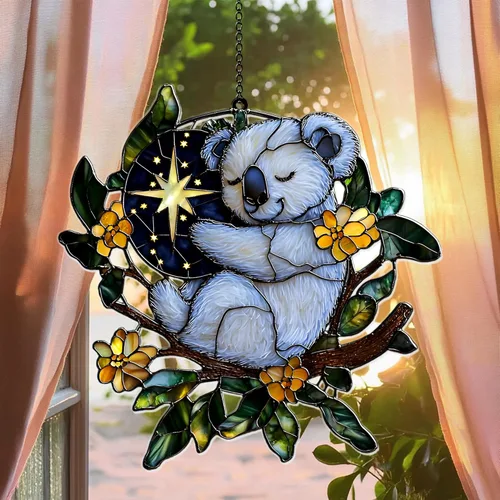 Cute Sleeping Koala Acrylic Suncatcher - Faux Stained Glass Indoor Window Hanging Ornament, Outdoor Sun Catcher Panel, Home Decor Gift for Koala