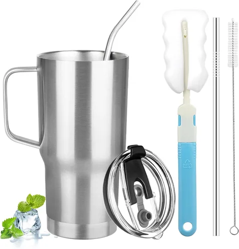 Vista 14 de Vaso de 20 onzas con asa, vaso aislado de acero inoxidable con tapa y pajilla, taza de café aislada al vacío de doble pared, taza térmica de café