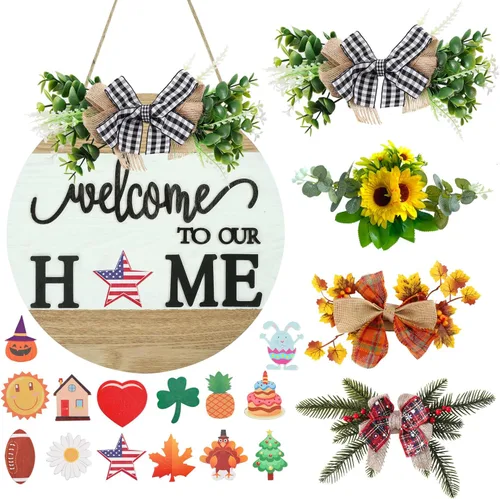 Vista 10 de Señal de bienvenida intercambiable para decoración de puerta delantera con 4 coronas de temporada y 14 iconos festivos, colgador de puerta