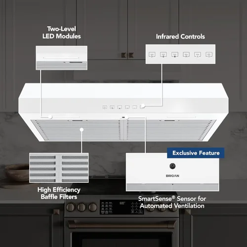 Vista 2 de Campana extractora de 30 pulgadas Glacier 490 MAX Ventilador CFM 1.1 Sones Blanca de Broan-NuTone