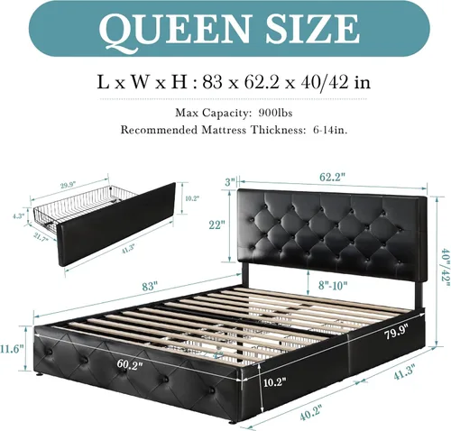 Vista 65 de HOOMIC Base de cama de almacenamiento de plataforma de tamaño matrimonial con 4 cajones y cabecera ajustable, listones de madera, no necesita