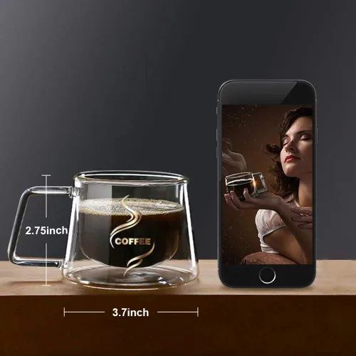 Vista 3 de Taza de café de vidrio de doble pared con asa, aislamiento térmico, tazas de café transparentes, vasos de doble capa, té, leche, café con leche