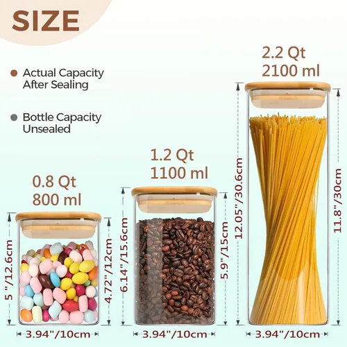 Vista 2 de VIEWELLD Juego de Contenedores de Almacenamiento de Alimentos con Tapas Herméticas de Bambú de 5 Piezas, Botes de Vidrio con Tapas Herméticas