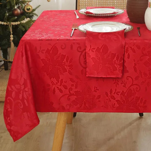 Vista 10 de SASTYBALE Mantel rectangular de Navidad, mantel jacquard verde de 60 x 102 pulgadas con patrón floral de flor de pascua, mantel de tela de damasco