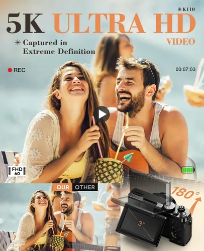 Vista 2 de Cámara digital de 5K 64MP para fotografía y vlogging de YouTube, cámara de video de enfoque automático UHD con zoom de 18X con pantalla abatible