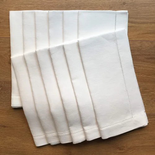 Servilletas de cena de lino blanco con punto de dobladillo, juego de 12 servilletas de tela 100% lino a granel de 20 x 20 pulgadas, paquete de 12