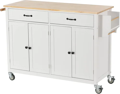 Vista 2 de LUMISOL Carrito de isla de cocina rodante con parte superior de madera maciza para cocina, carrito de almacenamiento móvil con ruedas con 2 cajones