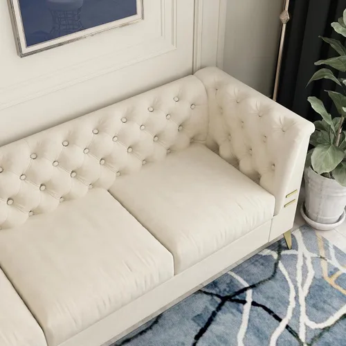 Vista 5 de Sofá de terciopelo moderno de mediados de siglo con patas de metal dorado, sofá Chesterfield de 3 plazas para sala de estar, dormitorio, Beige