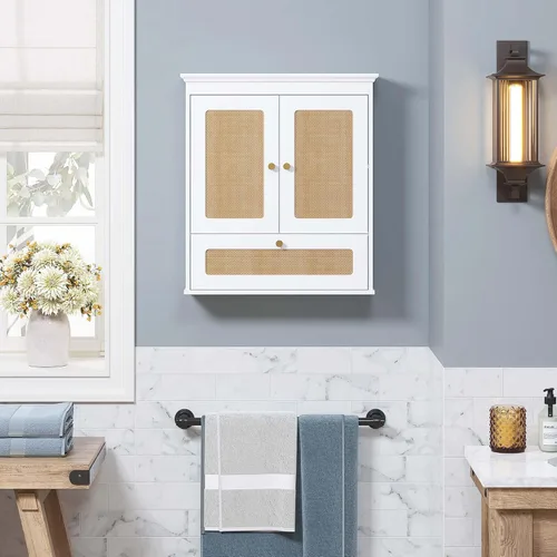 Vista 7 de Spirich Armario de pared de baño sobre inodoro, boho, rota con estante ajustable, almacenamiento de montaje en pared que ahorra espacio
