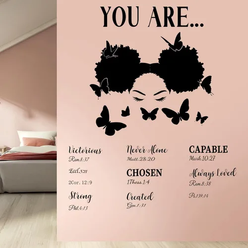 Vista 7 de Chinco Calcomanías de pared de niña negra para dormitorio de niñas, calcomanía de pared con frase motivacional de mariposa, calcomanías de vinilo