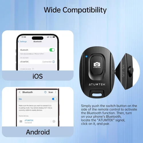 Vista 3 de ATUMTEK Obturador remoto de cámara para teléfonos inteligentes iPhone y Android (paquete de 2), botón de control remoto inalámbrico para fotos