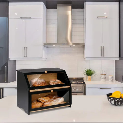 Vista 6 de HOMEKOKO Panera grande de doble capa para encimera de cocina, contenedor de almacenamiento de pan de madera de gran capacidad (negro)