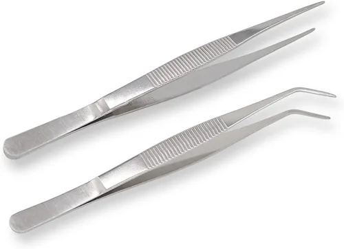 Vista 6 de Pinzas de acero inoxidable de 5 pulgadas con punta dentada recta y curvada, pinzas multiusos para reparación de manualidades, paquete de 2