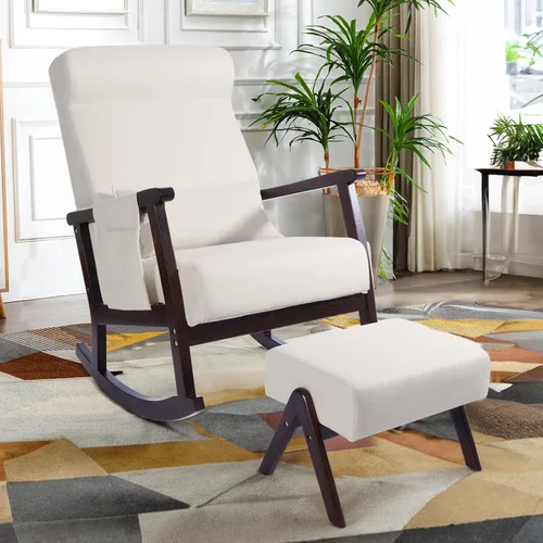 Vista 17 de NOBLEMOOD Mecedora tapizada con otomana, moderna silla mecedora para habitación del bebé, sillón de madera maciza con respaldo alto con asiento