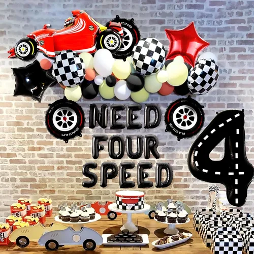 Vista 3 de JeVenis Need Four Speed Birthday Decoration Need Four Speed Balloons Background Car Racing Car Decoración de 4º cumpleaños para niños 4º cumpleaños