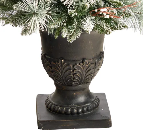 Vista 6 de Nearly Natural Árbol de Navidad artificial flocado de 5 pies con 100 luces LED y 186 ramas flexibles en urna decorativa