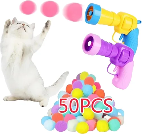 Juguete lanzador de bolas para gatos, 50 bolas de pompón de 1.2 pulgadas y 2 lanzadores, bolas interactivas suaves, juguetes de ejercicio activo