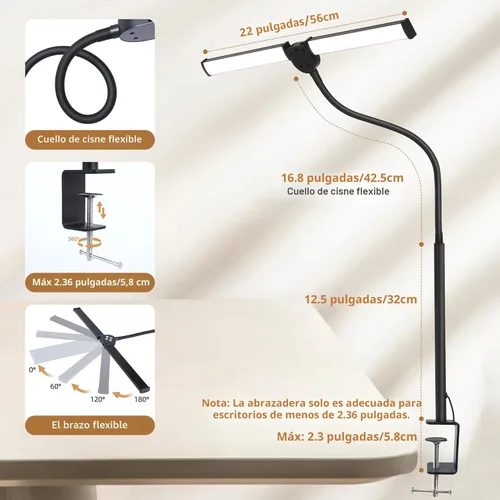 Vista 2 de Motumen Lámpara de Escritorio LED para Oficina en Casa, Luz de Arquitecto para Cuidado de los Ojos con Abrazadera, Lámpara Inteligente de Doble