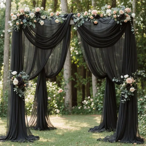 Vista 6 de Tela drapeada para arco de boda, 2 paneles de 18 pies, cortina de telón de fondo transparente negro de gasa para boda, arco, ceremonia, cenefa