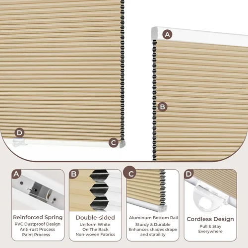 Vista 7 de Allesin Persianas celulares opacas sin cordones con panal para ventanas de interior, con aislamiento térmico, reducción de ruido, fáciles