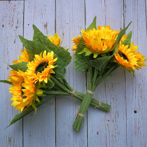 Vista 8 de Flores artificiales, 2 ramos de girasol de 14 pulgadas con 7 flores de seda para boda, ramo de novia, dama de honor, decoración del hogar, regalo