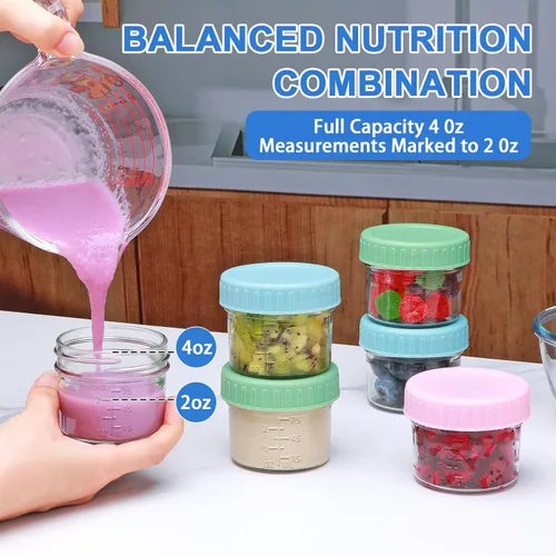 Vista 4 de Paquete de 6 recipientes de vidrio para almacenamiento de alimentos para bebés, tarros de comida para bebés de 4 onzas con tapas, apto