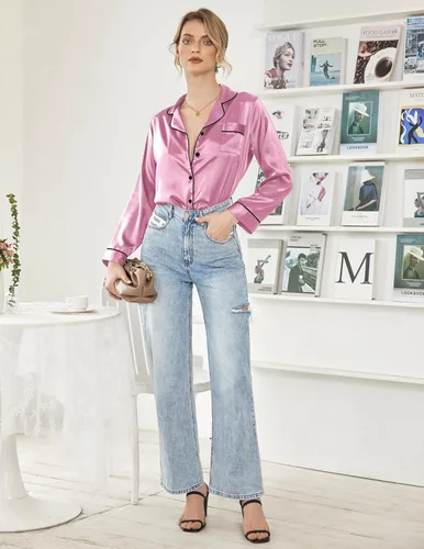 Vista 5 de Ekouaer Conjunto de pijama clásico de seda satinada con botones para mujer