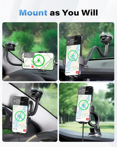 Vista 5 de 1Zero Soporte Sólido para Coche y Camión con Cargador Inalámbrico Portátil y Brazo Largo de 14 Pulgadas con Cuello de Ganso para iPhone 15 Pro Max