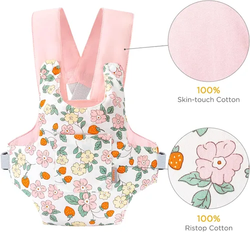 Vista 5 de GAGAKU Portabebés de muñeca con accesorios de peluche con correas ajustables para niños - Rosa - Flores de fresa