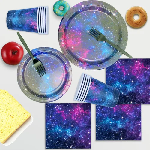 Vista 5 de Space Galaxy Party Supplies - Juego de vajilla temática del espacio exterior, decoración de fiesta de cumpleaños, noche estrellada, sistema solar
