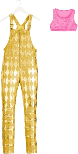 Vista 6 de Disfraz de Harley Quinn para mujer, overol dorado de Harley Quinn para disfraz de bufón de súper villano y Halloween