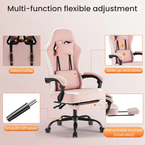 Vista 28 de DUMOS Silla de juegos con reposabrazos de conexión, sillas de videojuegos con cojín de resorte de bolsillo, silla ergonómica para computadora