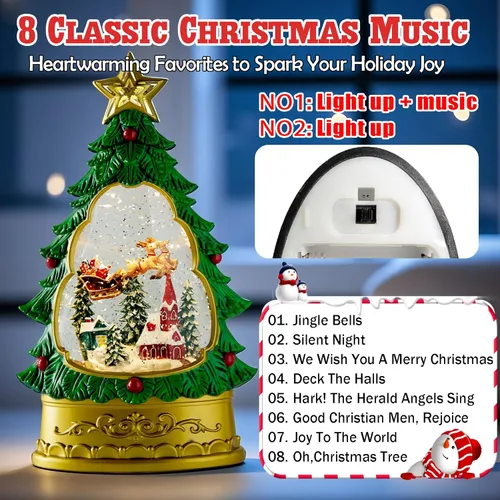 Vista 3 de Linterna de Globo de Nieve Navideño Musical - Árbol de Navidad Preiluminado y Brillante con Papá Noel y Alce, Funciona con USB