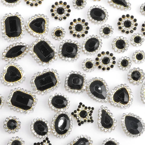 50 piezas de diamantes de imitación para coser, formas mixtas, diamantes de imitación negros de vidrio para coser en gemas de cristal, base plana de