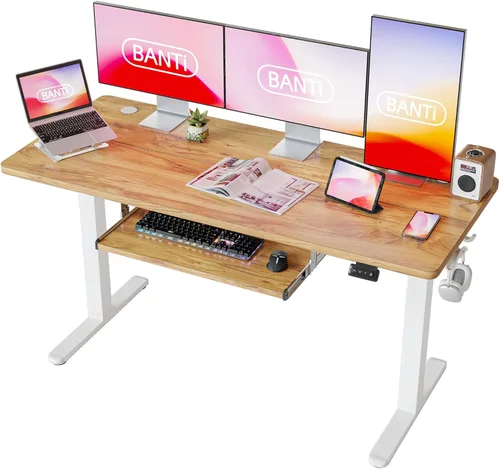 Vista 10 de BANTI Escritorio eléctrico de pie ajustable de 55 x 24 pulgadas de altura con bandeja para teclado, escritorio de pie con tablero de empalme, marco