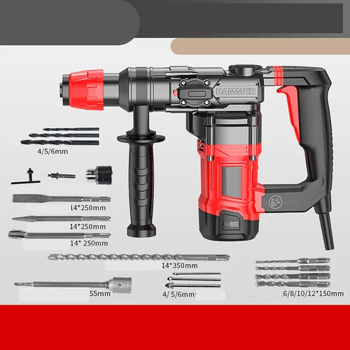 Vista 4 de HYCHIKA - Taladro de martillo giratorio con embrague de seguridad, 1100 RPM AC con cable Rotomartillo para hormigón, incluye 6 brocas, cepillo