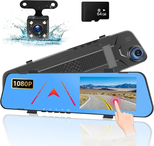 Cámara de espejo retrovisor de 4.5 pulgadas para automóvil con tarjeta TF de 64G, pantalla IPS de 1080P, grabación de bucle, ángulo ancho de 150°,