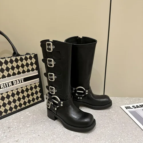 Vista 2 de Vertundy Botas altas hasta la rodilla para mujer, botas de tacón bajo grueso de pantorrilla ancha, botas vaqueras de equitación occidental, botas