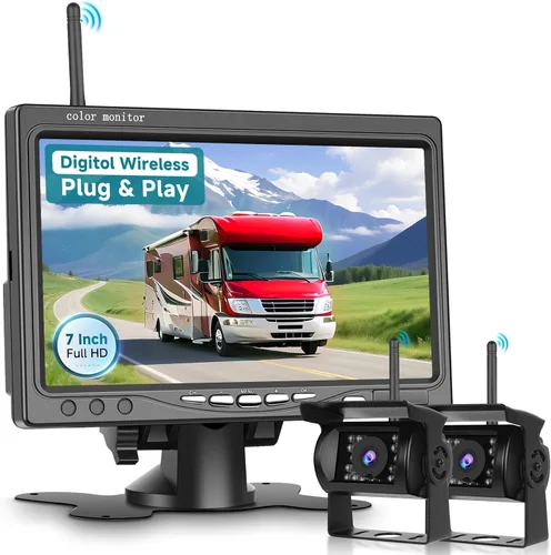 Kit de cámara de respaldo inalámbrica, cámara inversa con monitor IPS 1080P de 7 pulgadas, 2 cámaras, compatible con línea de estacionamiento DIY