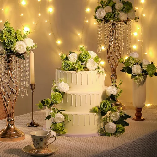 Vista 4 de Floweroyal 2 Ramos de Flores Artificiales de Peonía, Flores Verdes de Seda, Ramos de Peonías para Centros de Mesa de Boda, Arreglo Floral para Hogar