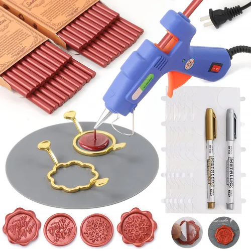 Vista 14 de Juego de sellos de cera, 40 varillas de cera de sellado de bronce con pistola de pegamento, moldes de sellado de cera, alfombrilla de silicona