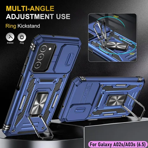 Vista 5 de Funda resistente para Samsung Galaxy A03s/A02S, protección híbrida de goma de doble capa de grado militar con protector de cámara deslizante