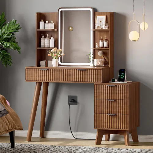 Vista 26 de Escritorio de tocador con espejo iluminado HD y luces, pequeño tocador de maquillaje acanalado con cajones y estantes de almacenamiento, juego