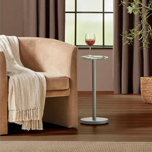 Vista 2 de mDesign Mesa de noche lateral o final de cristal, pequeña y moderna mesita de noche de metal con acento redondo para sala de estar, dormitorio